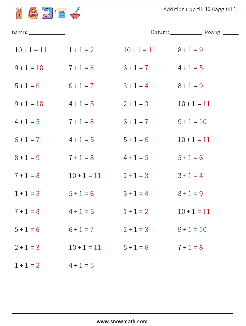 (50) Addition upp till 10 (lägg till 1) Matematiska arbetsblad 3 Fråga, svar