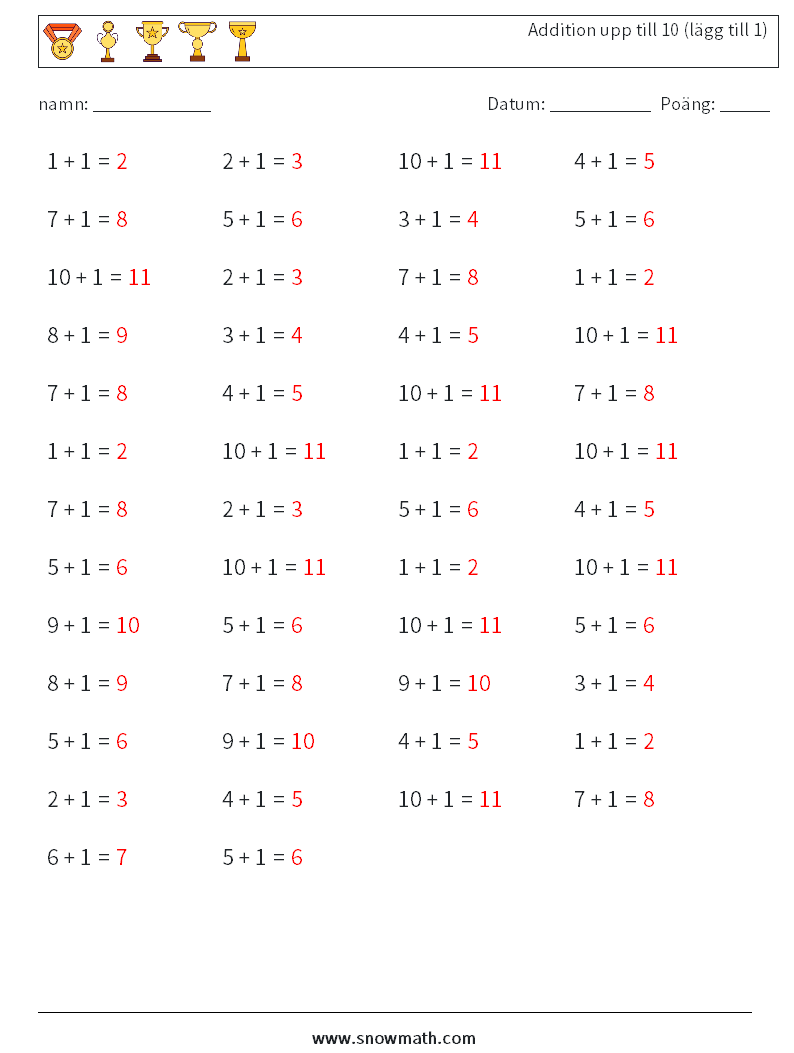 (50) Addition upp till 10 (lägg till 1) Matematiska arbetsblad 4 Fråga, svar