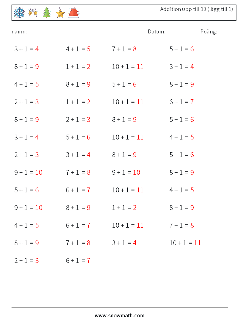 (50) Addition upp till 10 (lägg till 1) Matematiska arbetsblad 5 Fråga, svar