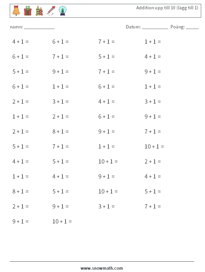 (50) Addition upp till 10 (lägg till 1) Matematiska arbetsblad 6