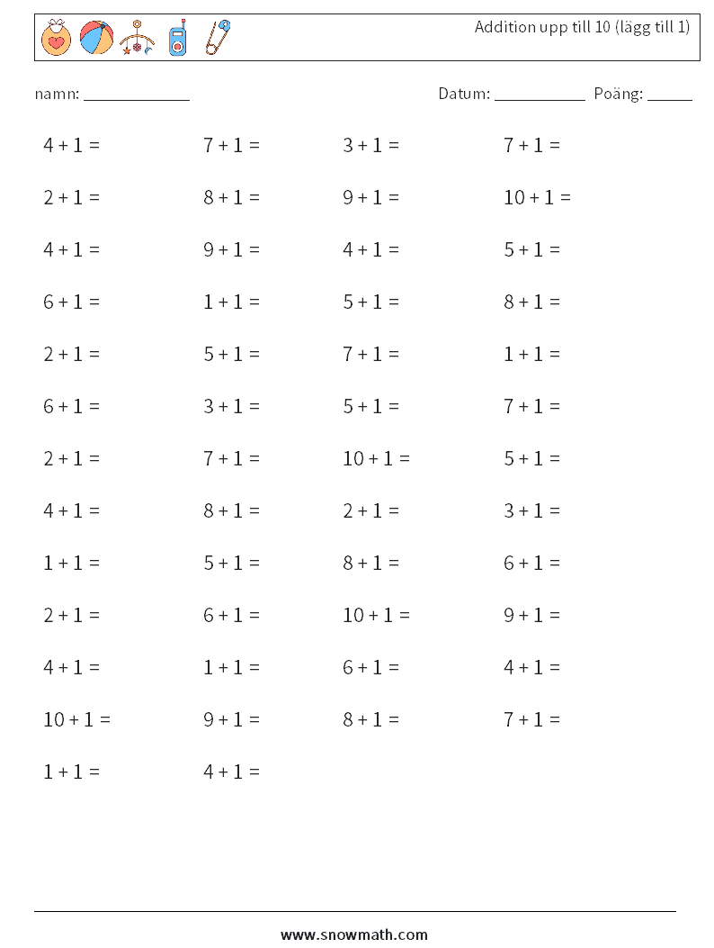 (50) Addition upp till 10 (lägg till 1) Matematiska arbetsblad 7