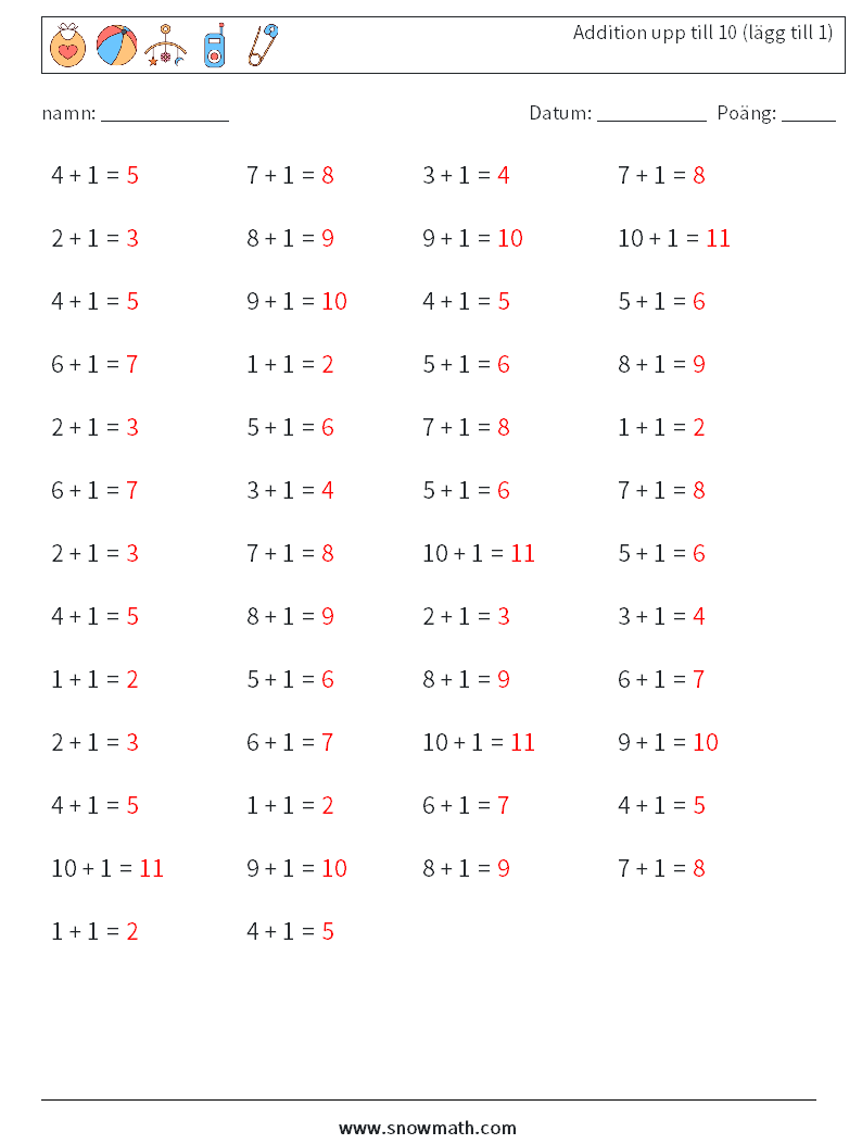 (50) Addition upp till 10 (lägg till 1) Matematiska arbetsblad 7 Fråga, svar