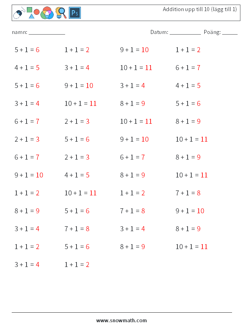 (50) Addition upp till 10 (lägg till 1) Matematiska arbetsblad 8 Fråga, svar