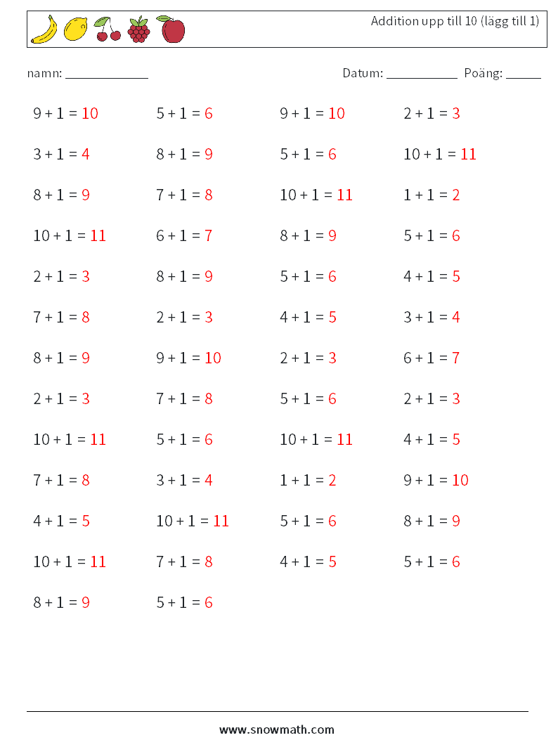 (50) Addition upp till 10 (lägg till 1) Matematiska arbetsblad 9 Fråga, svar