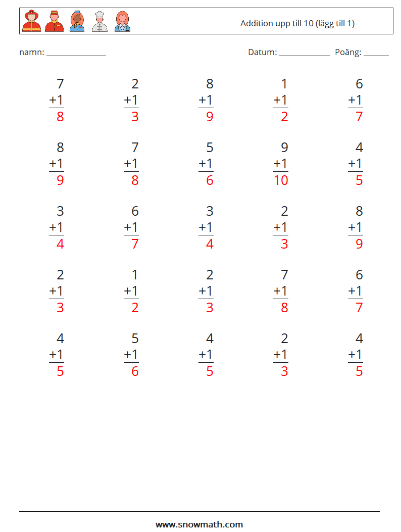 (25) Addition upp till 10 (lägg till 1) Matematiska arbetsblad 1 Fråga, svar