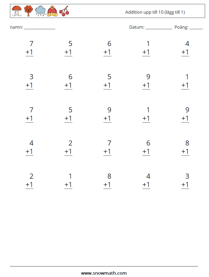 (25) Addition upp till 10 (lägg till 1) Matematiska arbetsblad 2