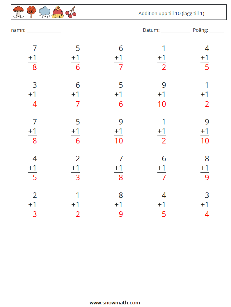 (25) Addition upp till 10 (lägg till 1) Matematiska arbetsblad 2 Fråga, svar