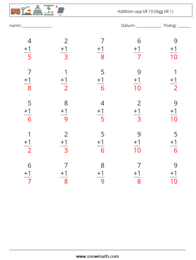 (25) Addition upp till 10 (lägg till 1) Matematiska arbetsblad 3 Fråga, svar