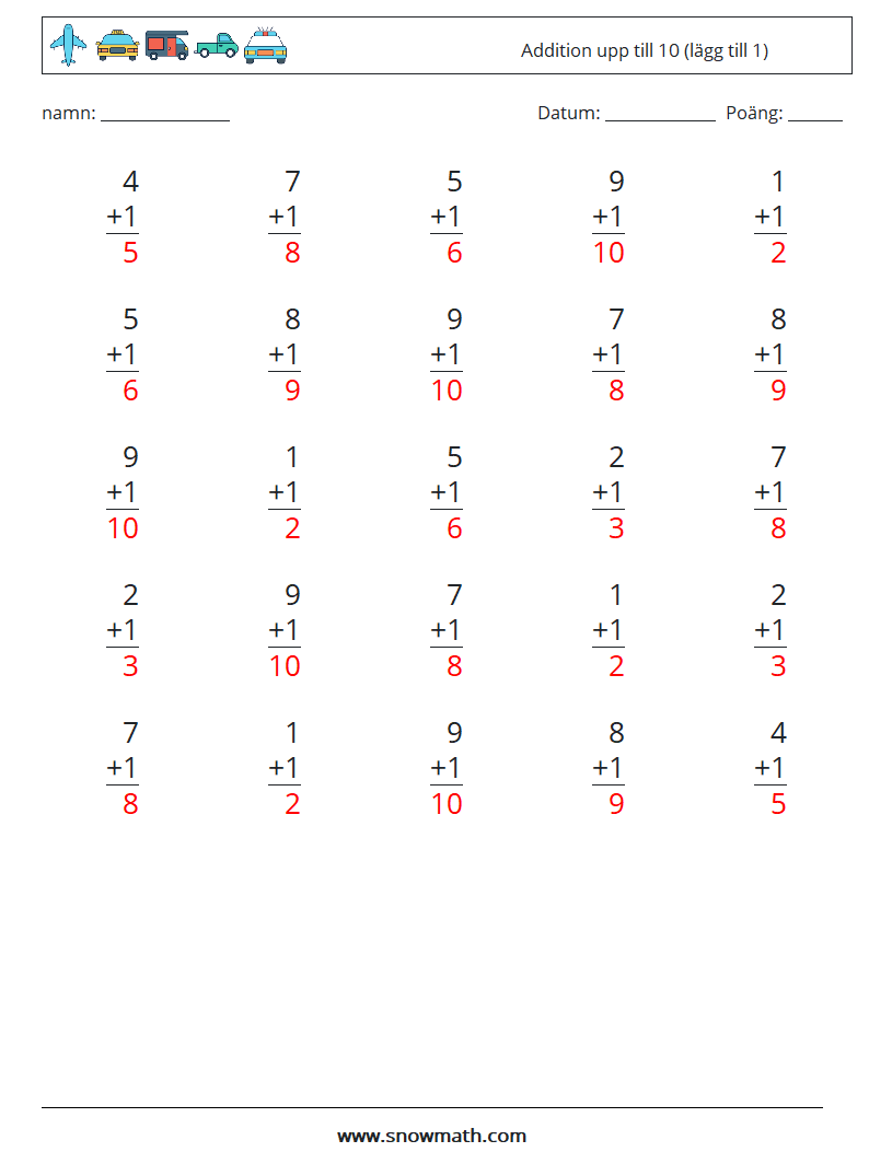 (25) Addition upp till 10 (lägg till 1) Matematiska arbetsblad 4 Fråga, svar