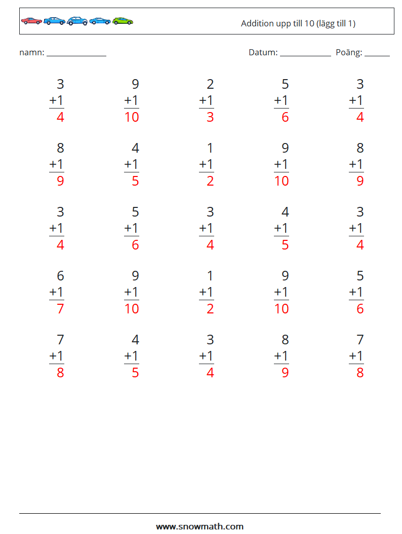 (25) Addition upp till 10 (lägg till 1) Matematiska arbetsblad 5 Fråga, svar