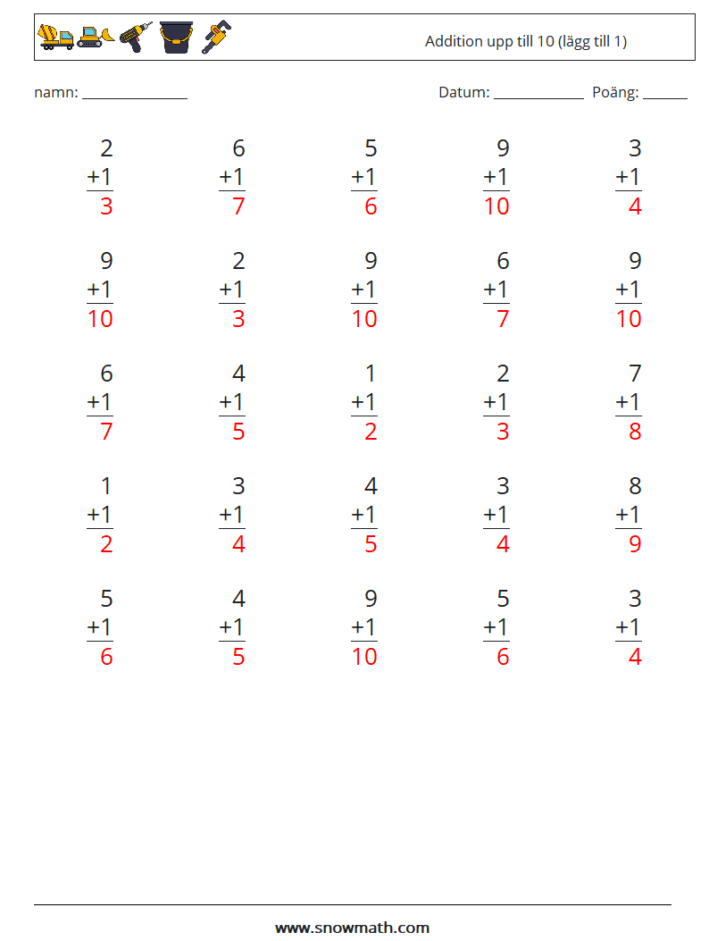 (25) Addition upp till 10 (lägg till 1) Matematiska arbetsblad 6 Fråga, svar