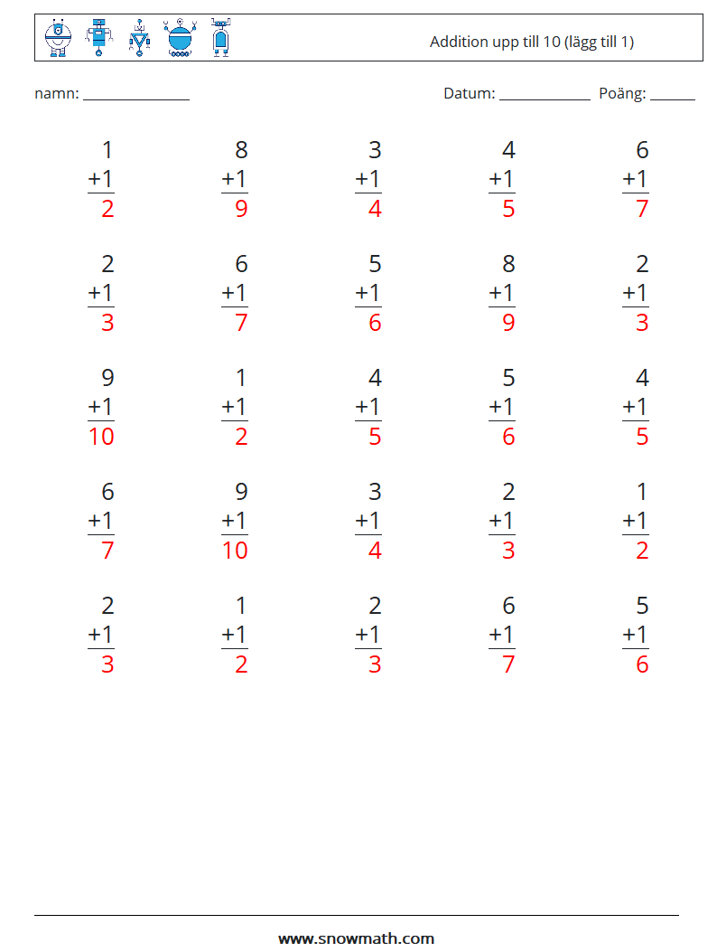 (25) Addition upp till 10 (lägg till 1) Matematiska arbetsblad 7 Fråga, svar