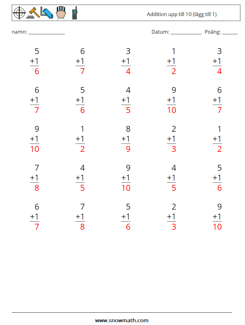 (25) Addition upp till 10 (lägg till 1) Matematiska arbetsblad 8 Fråga, svar