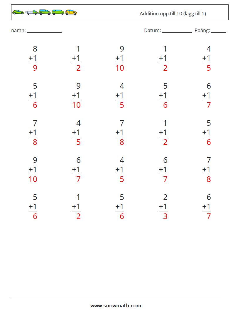 (25) Addition upp till 10 (lägg till 1) Matematiska arbetsblad 9 Fråga, svar