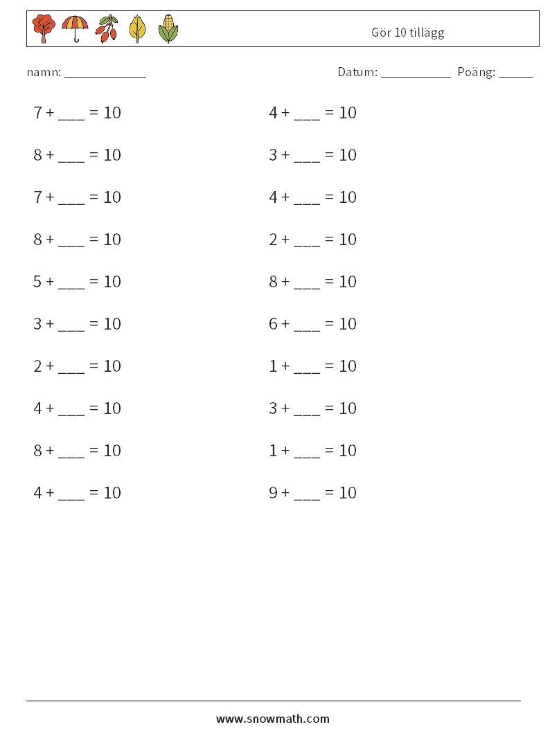 (20) Gör 10 tillägg Matematiska arbetsblad 1