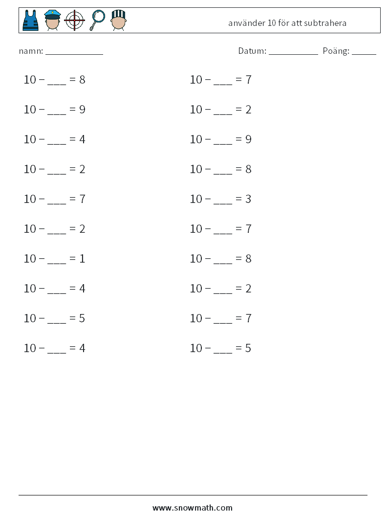 (20) använder 10 för att subtrahera Matematiska arbetsblad 3