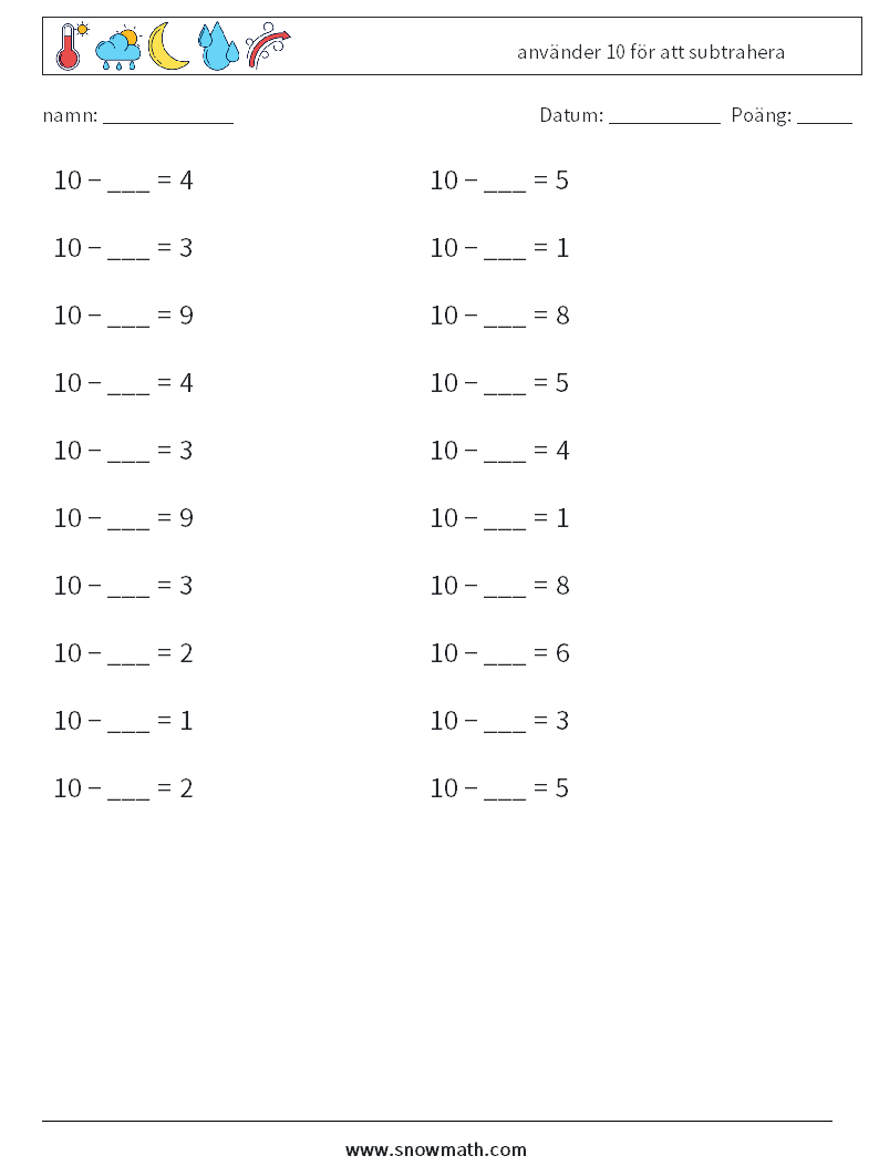 (20) använder 10 för att subtrahera Matematiska arbetsblad 5