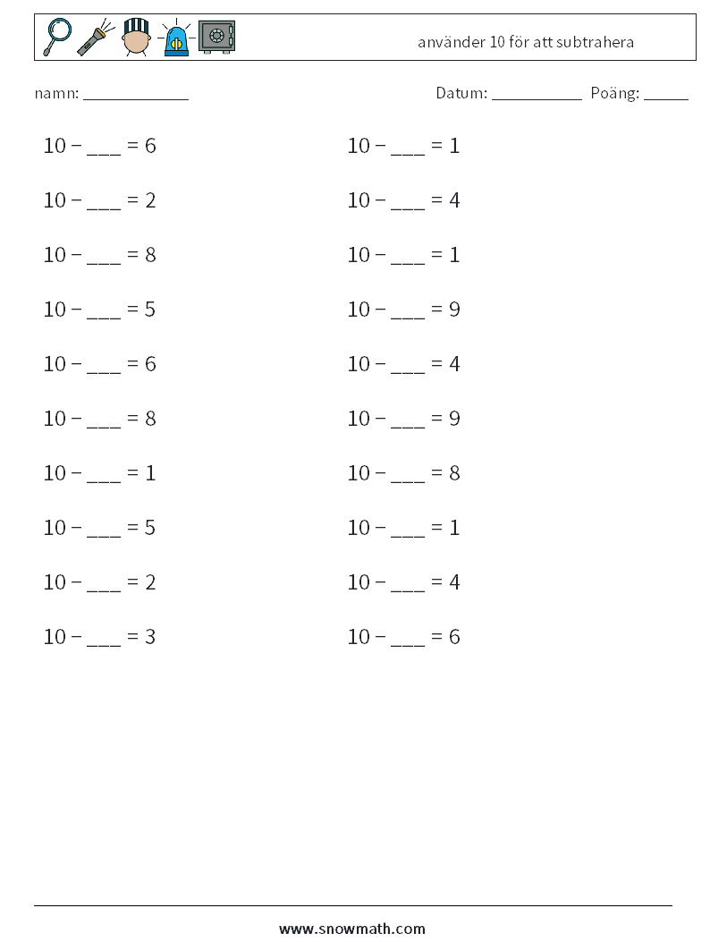 (20) använder 10 för att subtrahera Matematiska arbetsblad 8