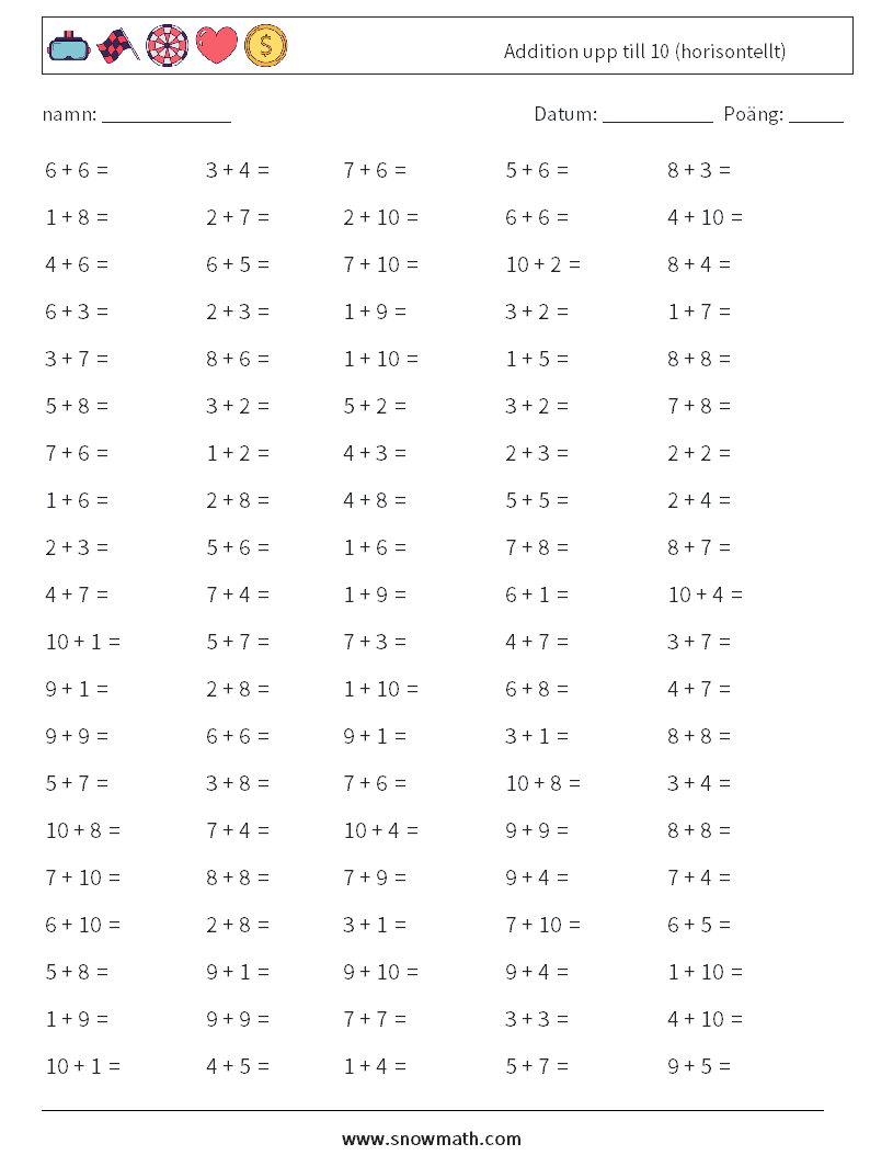 (100) Addition upp till 10 (horisontellt) Matematiska arbetsblad 1