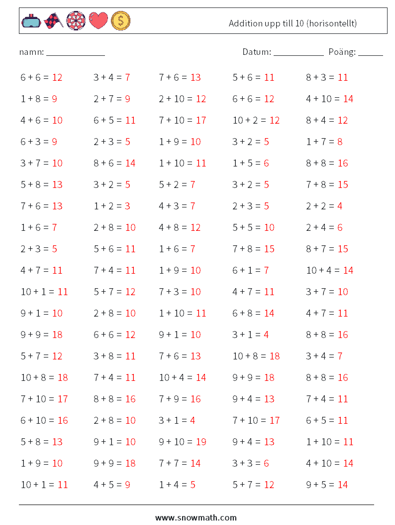 (100) Addition upp till 10 (horisontellt) Matematiska arbetsblad 1 Fråga, svar