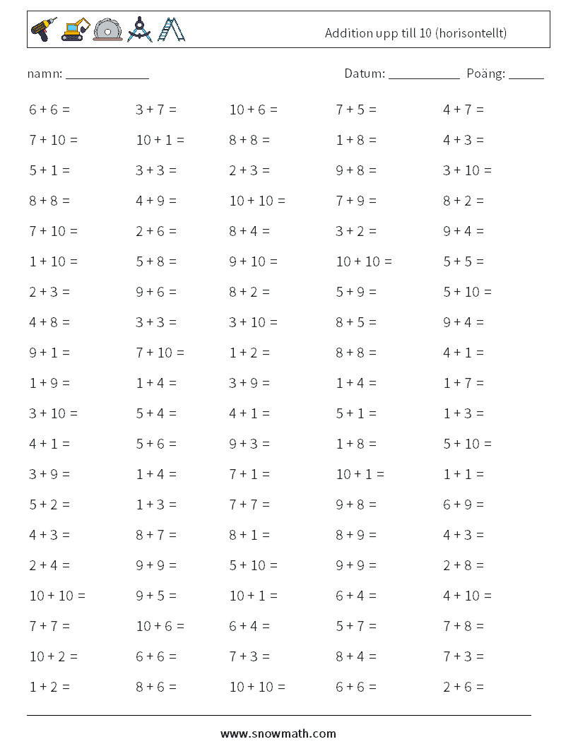(100) Addition upp till 10 (horisontellt) Matematiska arbetsblad 2