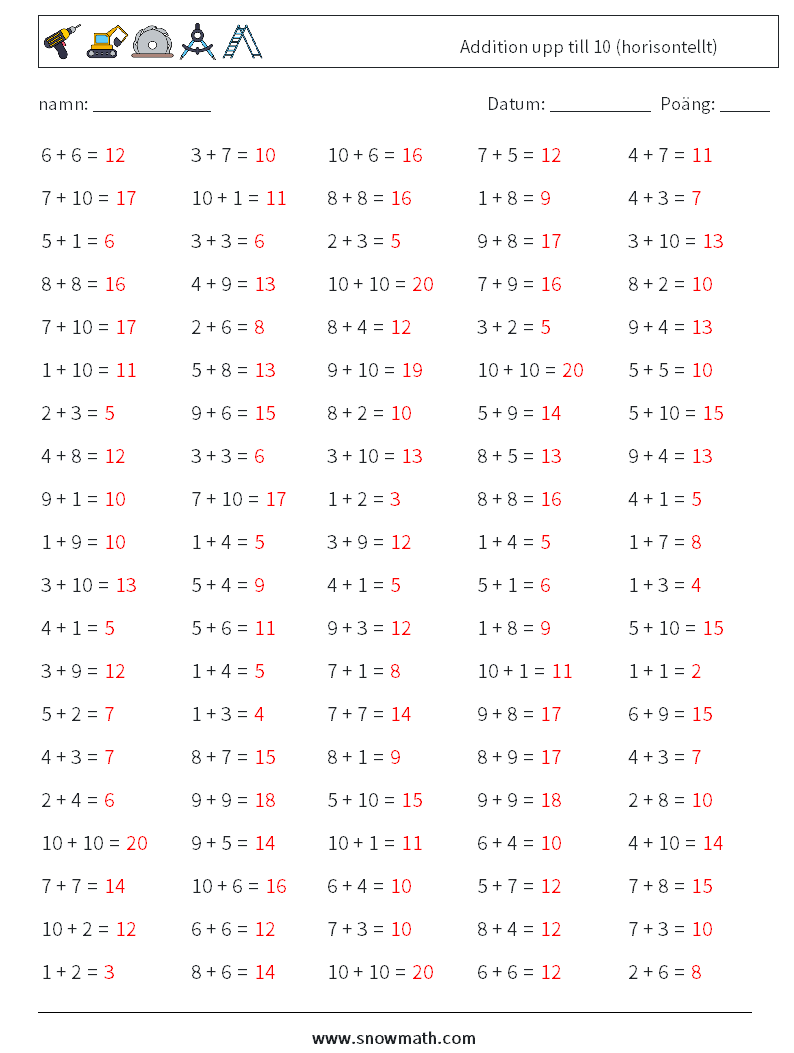 (100) Addition upp till 10 (horisontellt) Matematiska arbetsblad 2 Fråga, svar