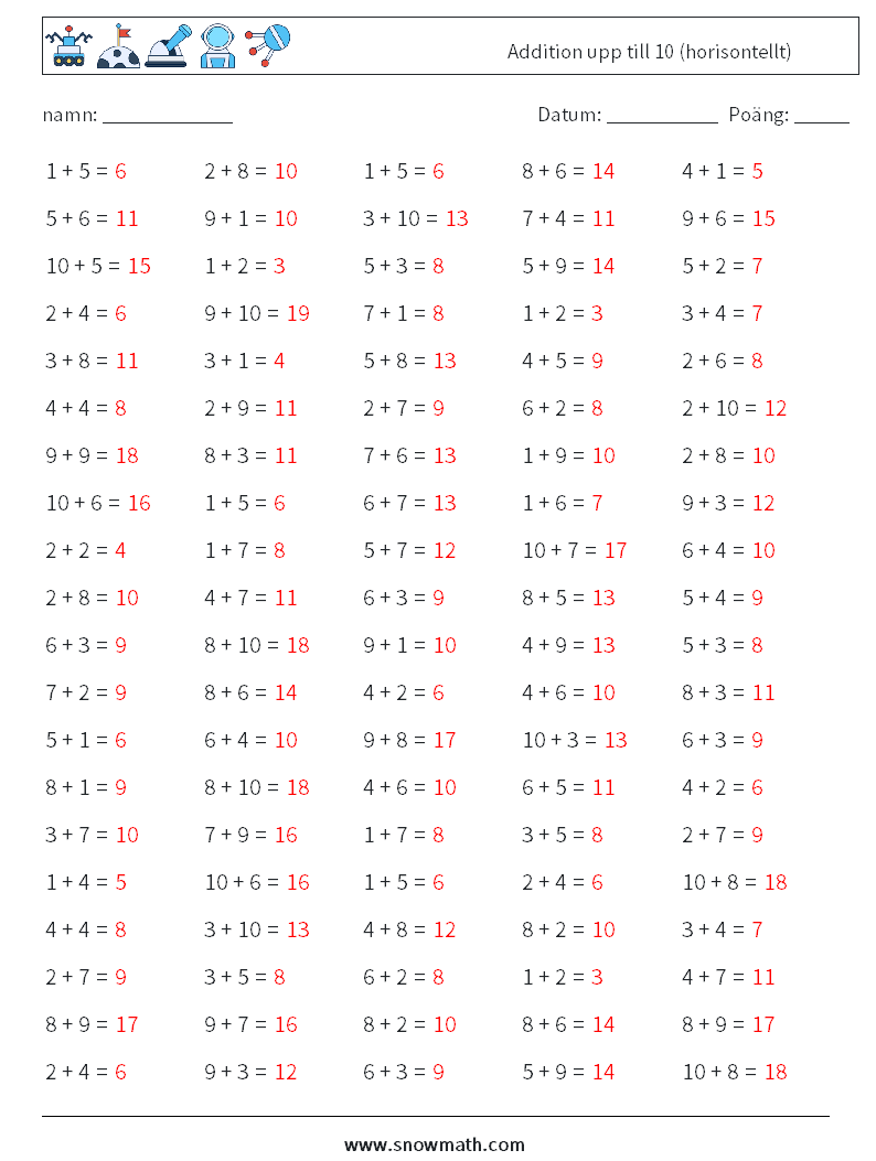 (100) Addition upp till 10 (horisontellt) Matematiska arbetsblad 3 Fråga, svar
