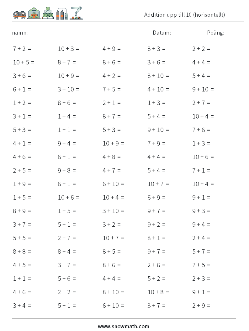 (100) Addition upp till 10 (horisontellt) Matematiska arbetsblad 4