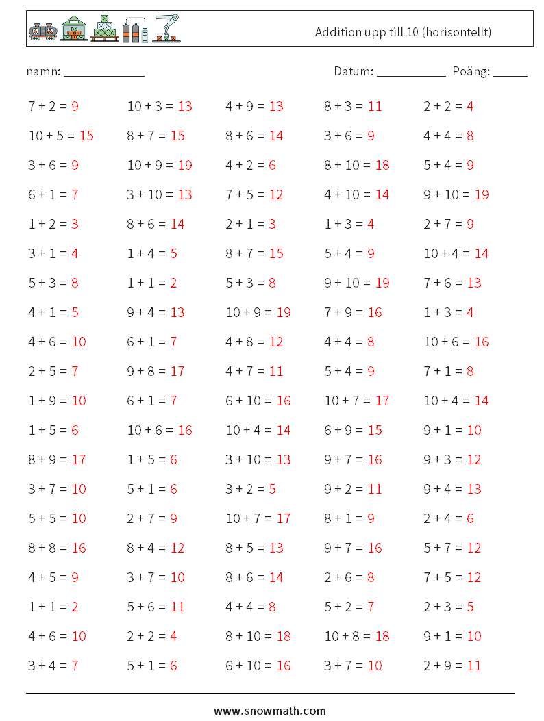 (100) Addition upp till 10 (horisontellt) Matematiska arbetsblad 4 Fråga, svar