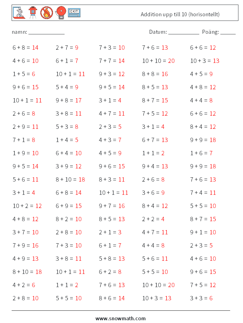 (100) Addition upp till 10 (horisontellt) Matematiska arbetsblad 5 Fråga, svar