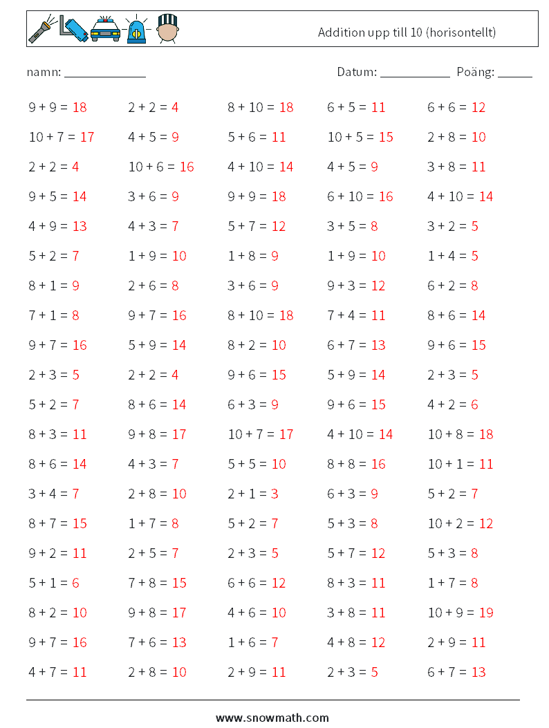 (100) Addition upp till 10 (horisontellt) Matematiska arbetsblad 6 Fråga, svar