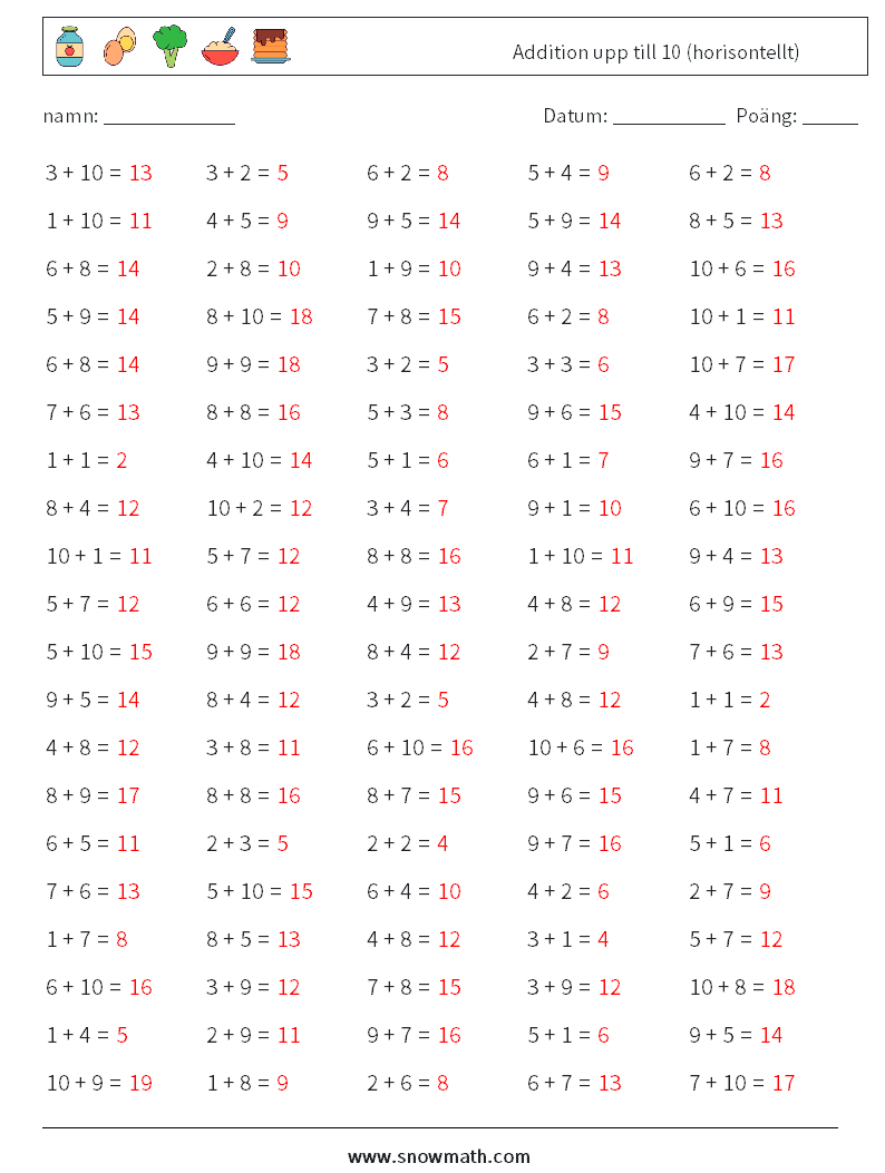 (100) Addition upp till 10 (horisontellt) Matematiska arbetsblad 7 Fråga, svar