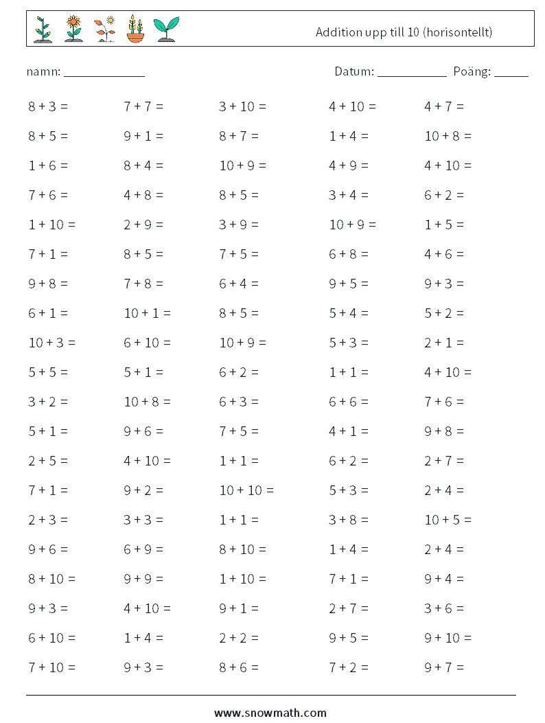(100) Addition upp till 10 (horisontellt) Matematiska arbetsblad 8