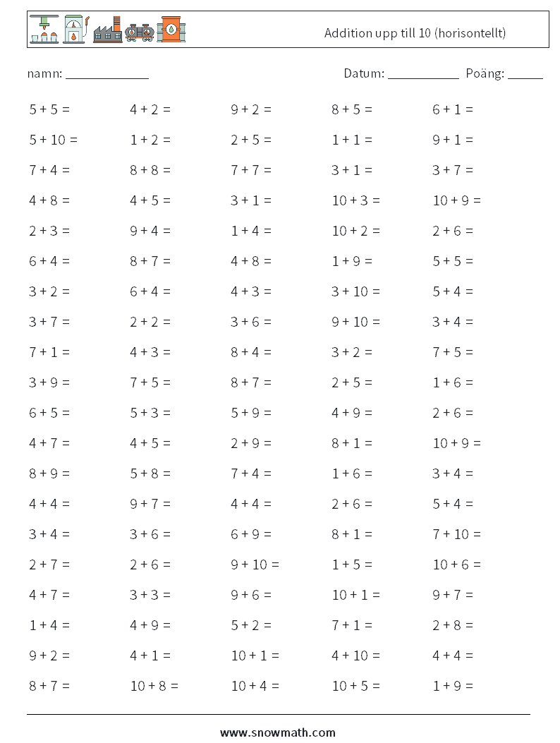 (100) Addition upp till 10 (horisontellt) Matematiska arbetsblad 9