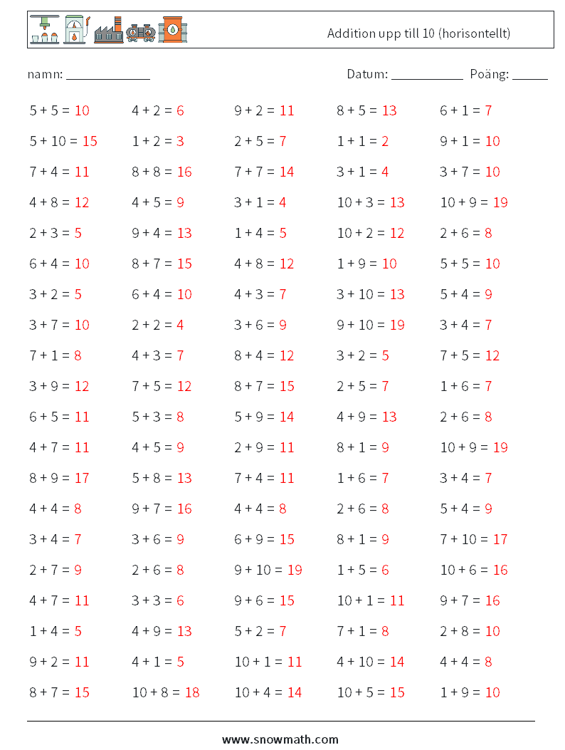 (100) Addition upp till 10 (horisontellt) Matematiska arbetsblad 9 Fråga, svar