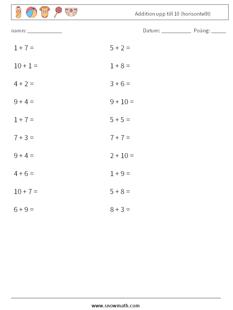 (20) Addition upp till 10 (horisontellt) Matematiska arbetsblad 1