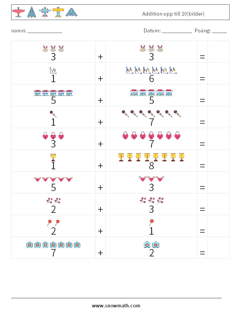 Addition upp till 10(bilder) Matematiska arbetsblad 1