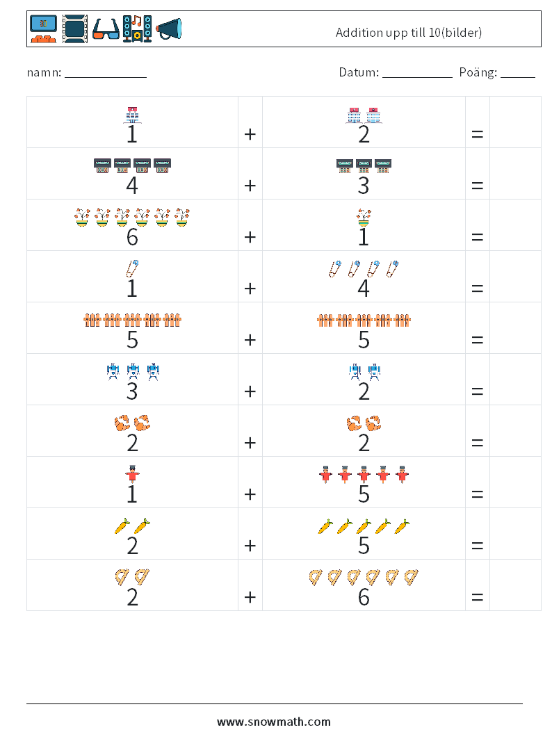 Addition upp till 10(bilder) Matematiska arbetsblad 10