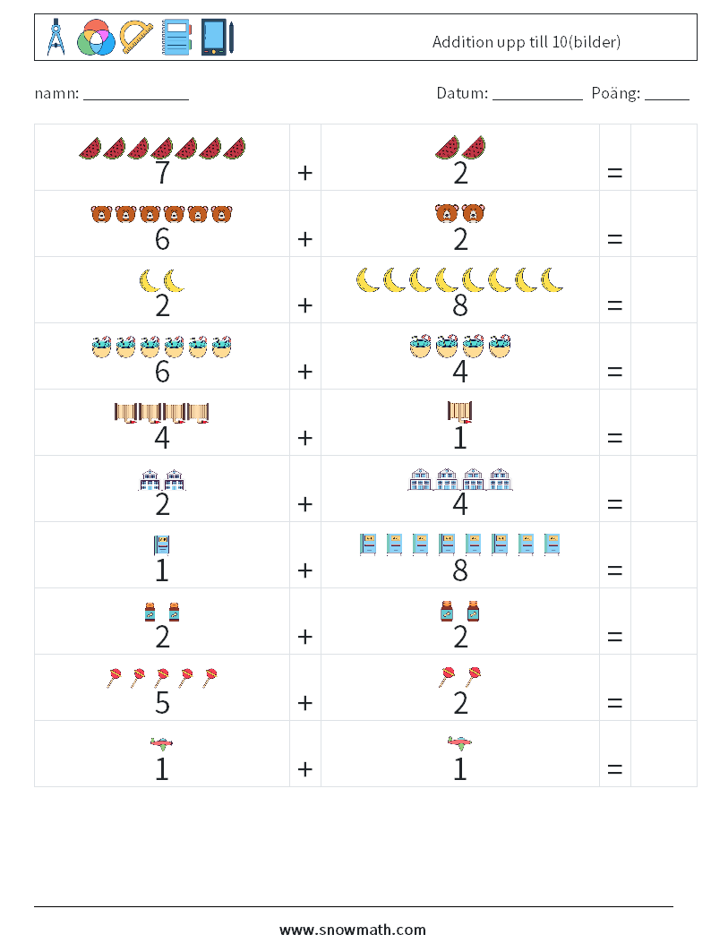 Addition upp till 10(bilder) Matematiska arbetsblad 11