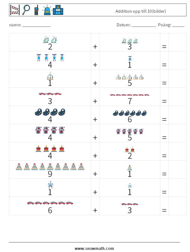 Addition upp till 10(bilder) Matematiska arbetsblad 12