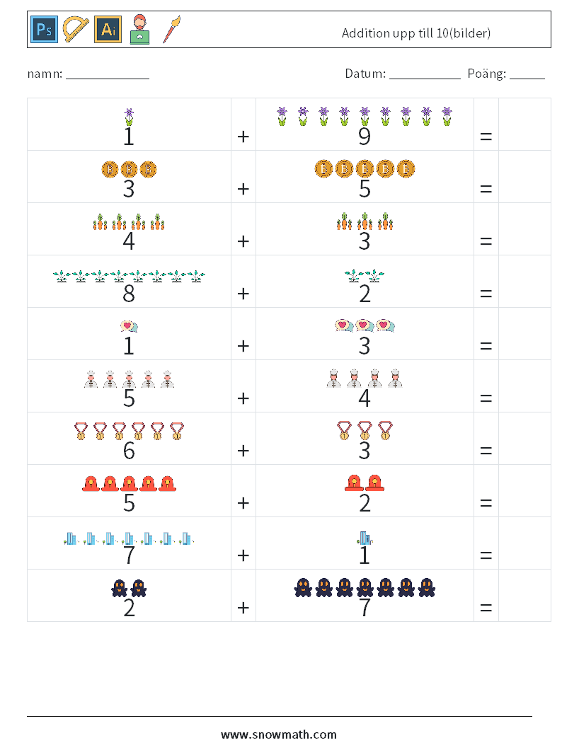 Addition upp till 10(bilder) Matematiska arbetsblad 13