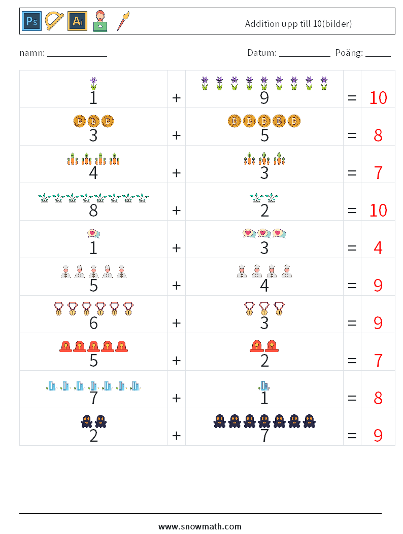 Addition upp till 10(bilder) Matematiska arbetsblad 13 Fråga, svar