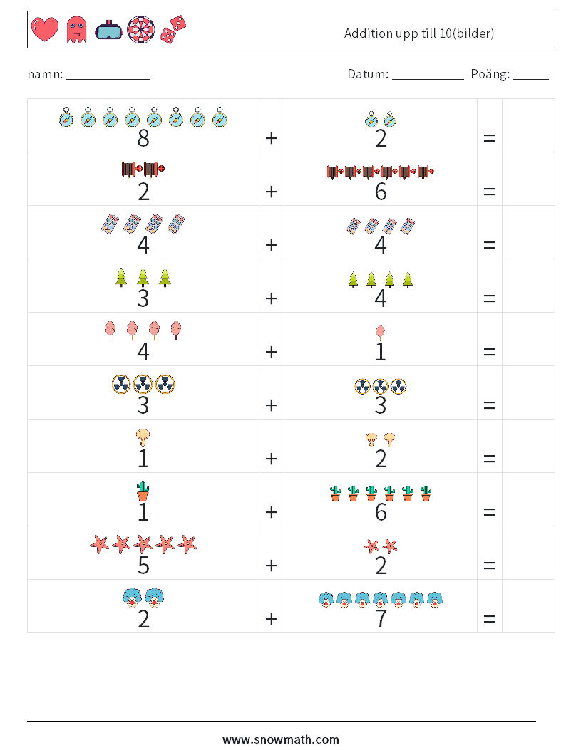 Addition upp till 10(bilder) Matematiska arbetsblad 15