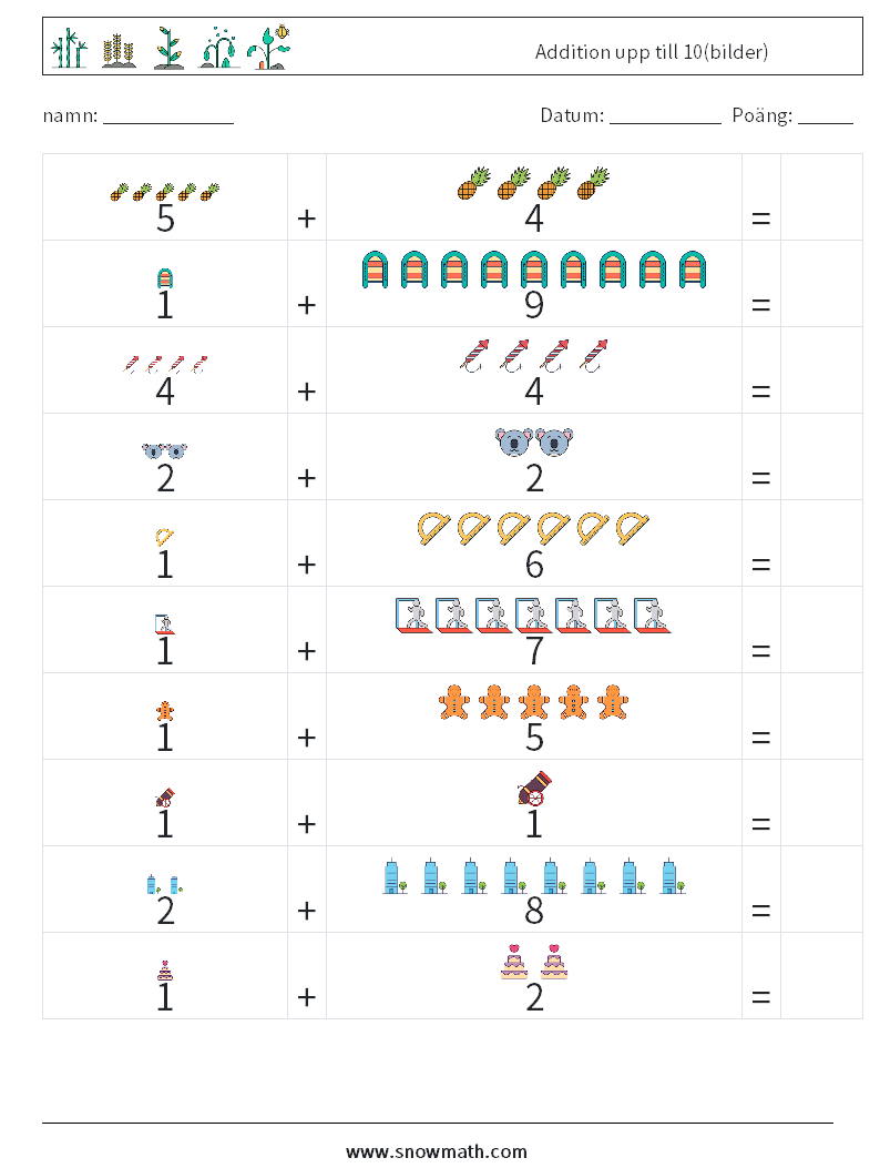 Addition upp till 10(bilder) Matematiska arbetsblad 16