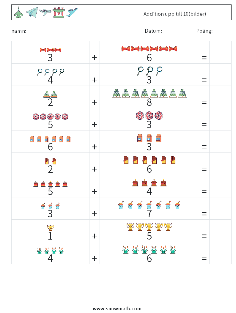 Addition upp till 10(bilder) Matematiska arbetsblad 17