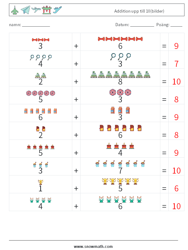 Addition upp till 10(bilder) Matematiska arbetsblad 17 Fråga, svar