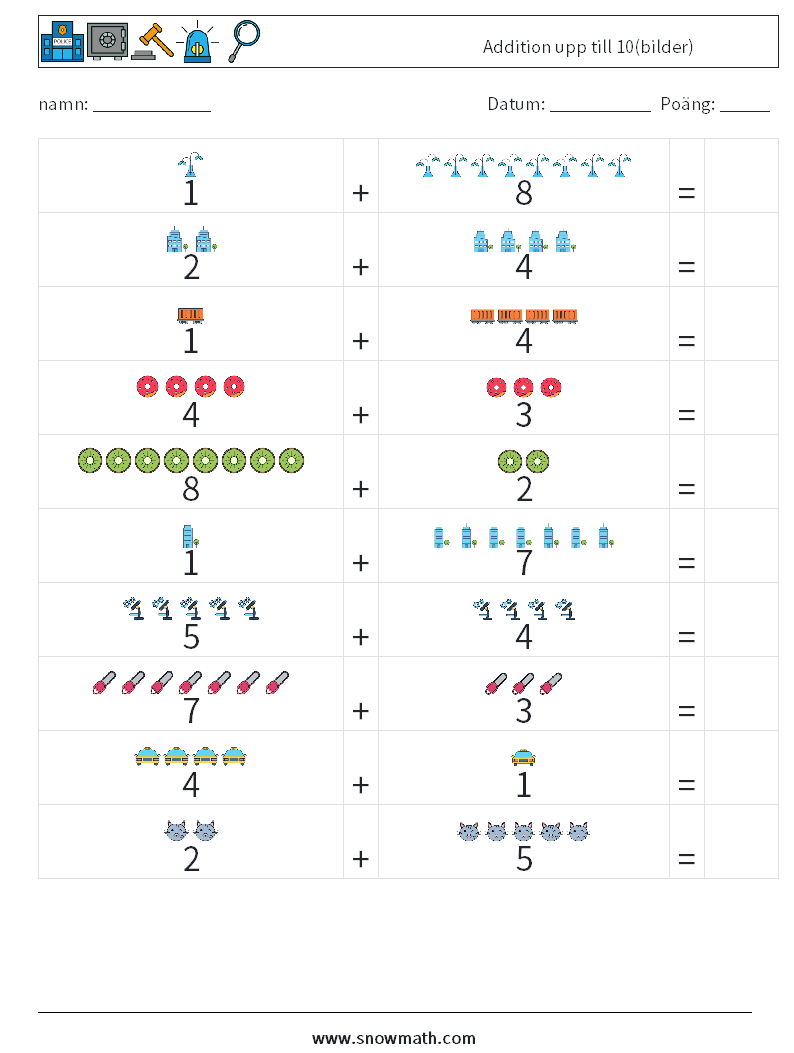 Addition upp till 10(bilder) Matematiska arbetsblad 18