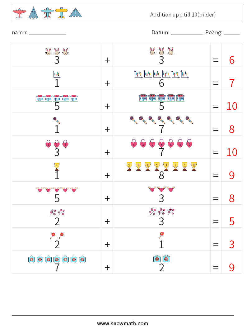 Addition upp till 10(bilder) Matematiska arbetsblad 1 Fråga, svar