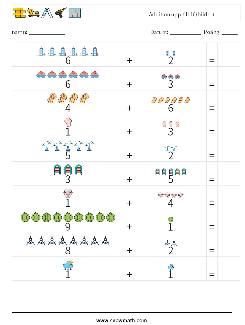 Addition upp till 10(bilder) Matematiska arbetsblad 2