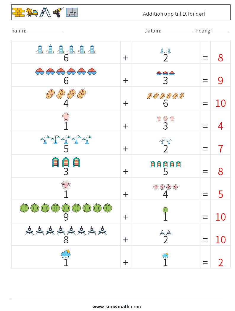 Addition upp till 10(bilder) Matematiska arbetsblad 2 Fråga, svar